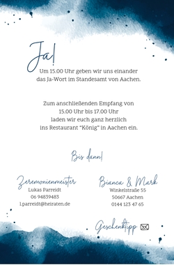 Hochzeitskarte   Stilvollen Dunkelblau Rückseite