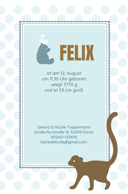 Geburtskarte Felix   Bär, Affe und Ente Rückseite