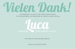 Geburtskarte Luca   Hellblau mit Tupfen Rückseite