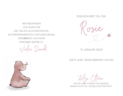 Geburtskarte Rosie   Bär mit rosa Schmetterling Innenseite