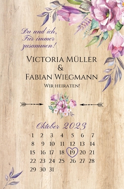 Hochzeitskarte   Holz mit Blumen Vorderseite