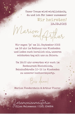 Hochzeitskarte   Bordeaux rot mit Spritzern Rückseite