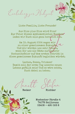 Hochzeitskarte   Aquarellblumen auf Kraftpapier   Grün Rückseite