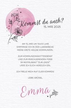 Kommunion Einladung Emma   Aquarellkreis Rückseite