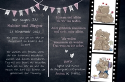 Hochzeitskarte   Filmstrip mit Bärchen auf der Schultafel Rückseite