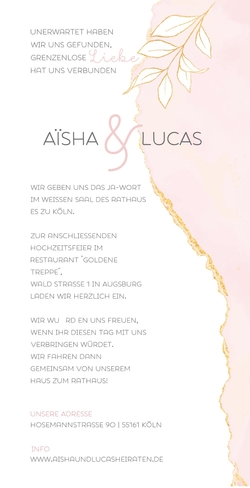 Hochzeitskarte   Pink und Gold Rückseite