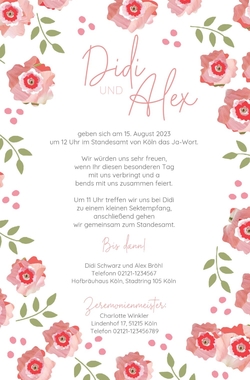 Hochzeitskarte   Romantische Rosen Rückseite